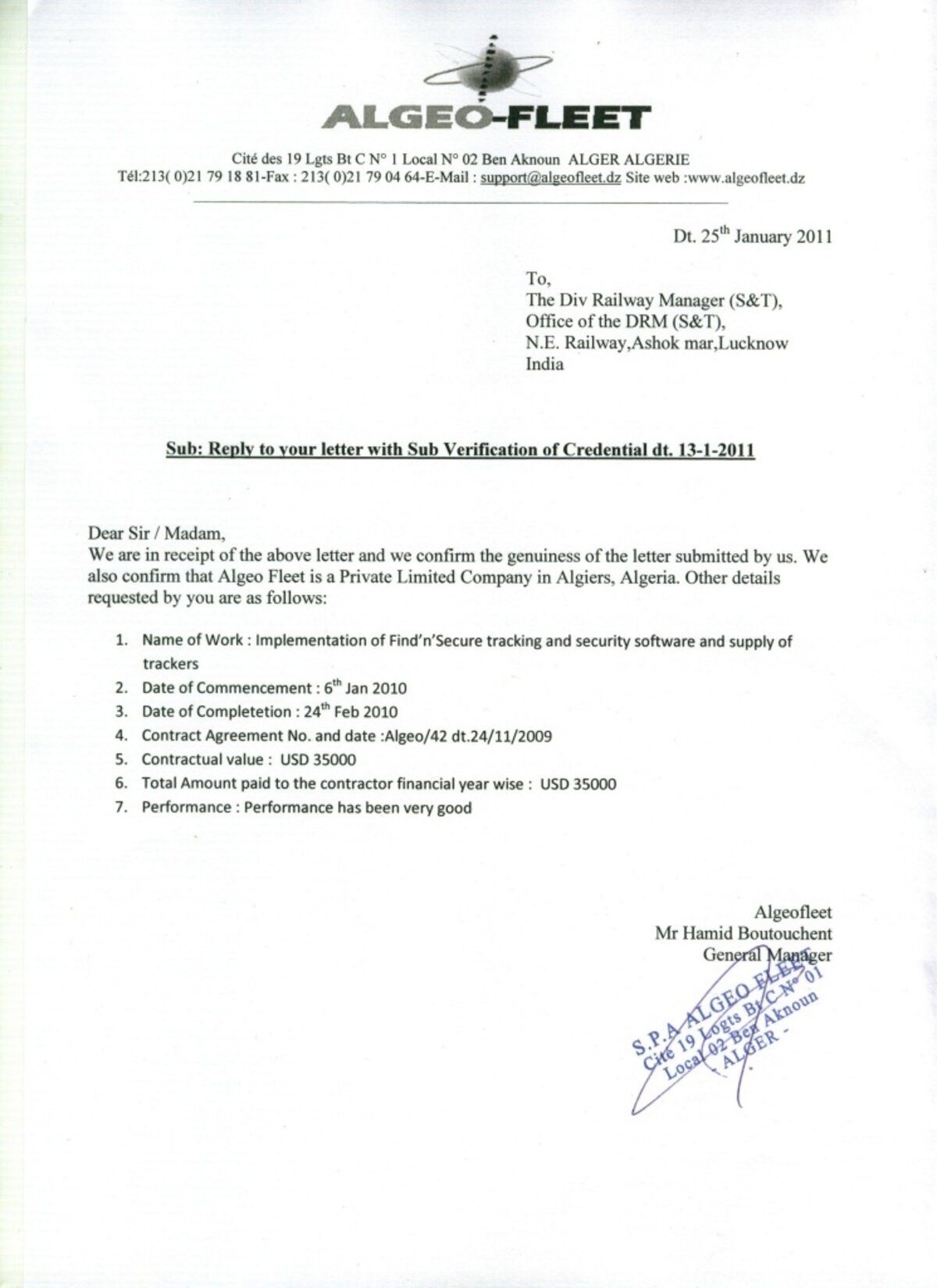 Original appreciation letter from Algeo Fleet S.P.A